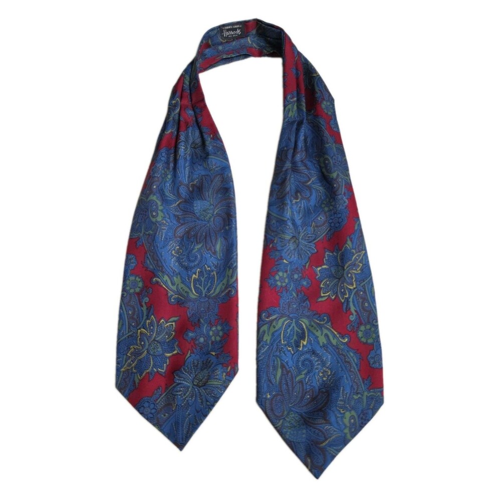 Harrods London 100% Silk Ascot Cravat Tie Blue Burgundy Paisley Pattern Vintage